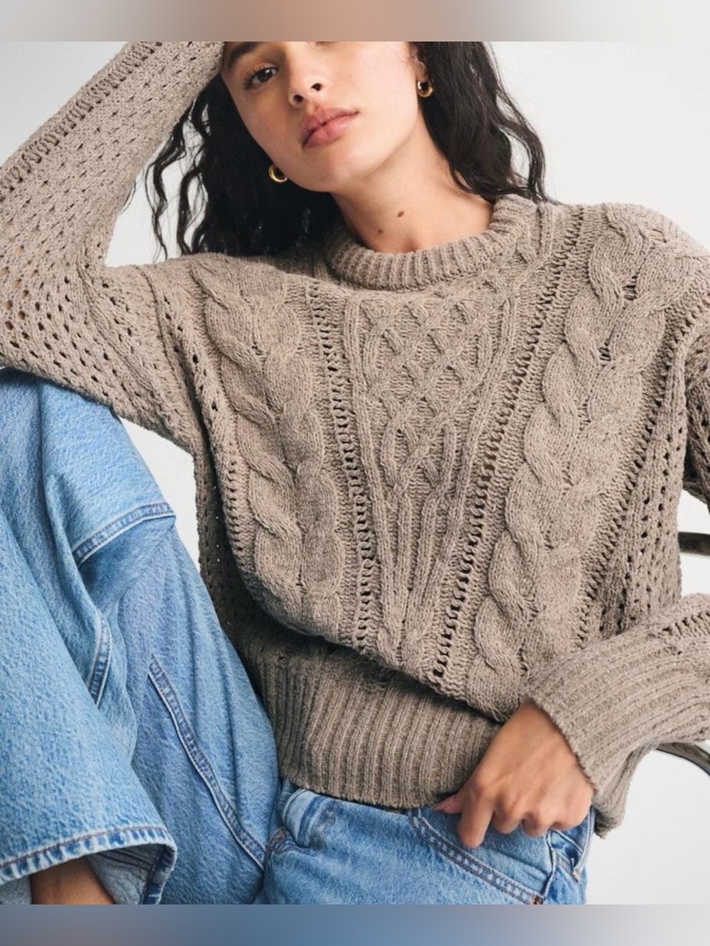 Abercrombie & Fitch Taupe Cable-Knit Crewneck Sweater